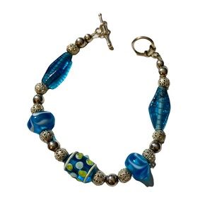 Bracelet Blue Glass Beads Sterling Silver Accents Artisan Made Toggle Clasp